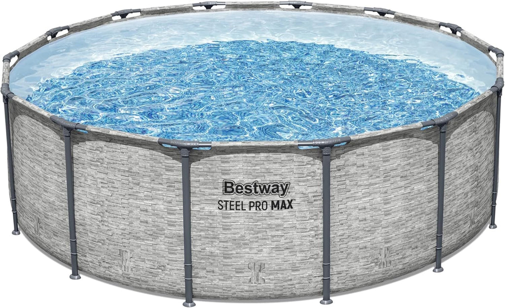 Steel Pro MAX 14 Foot x 48 Inch Round Metal Frame Above Ground Outdoor Swimming Pool Set with 1,000 Filter Pump, Ladder, and Cover, Gray wourant