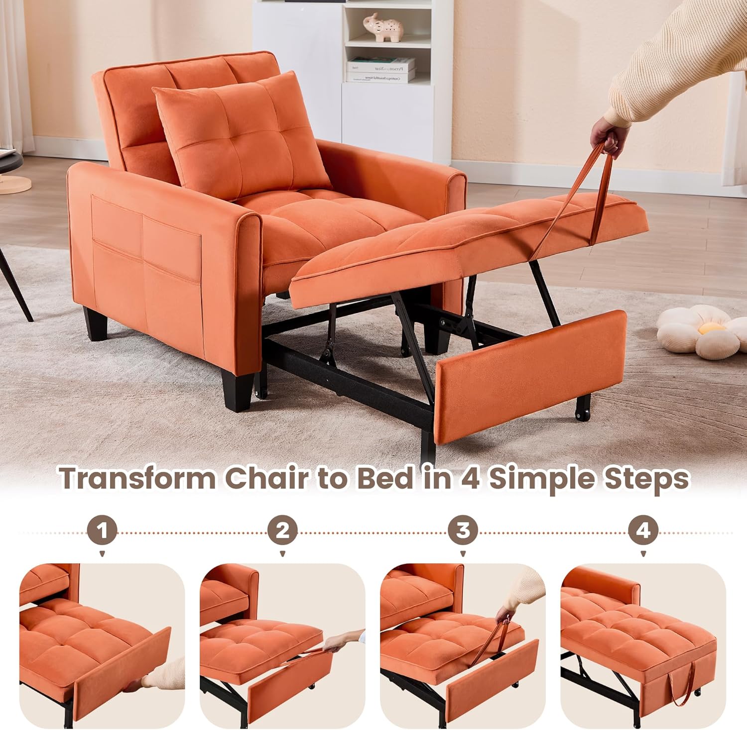 Convertible Sleeper Chair, 3 in 1 Sleeper Chair Bed Pull Out Sofa Bed Chairs, Velvet Single Sofa with Adjustable Backrest wourant