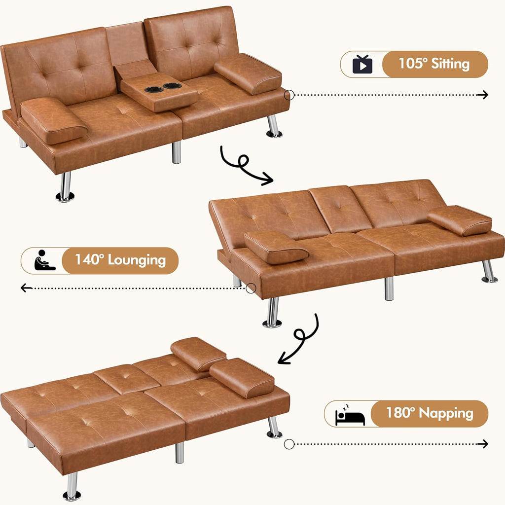 Yaheetech Convertible Sofa Bed Adjustable Couch Sleeper Modern Faux Leather Home Recliner Reversible Loveseat Folding Daybed Guest Bed, Removable Armrests, Cup Holders, 3 Angles, 772lb Capacity, Brown wourant