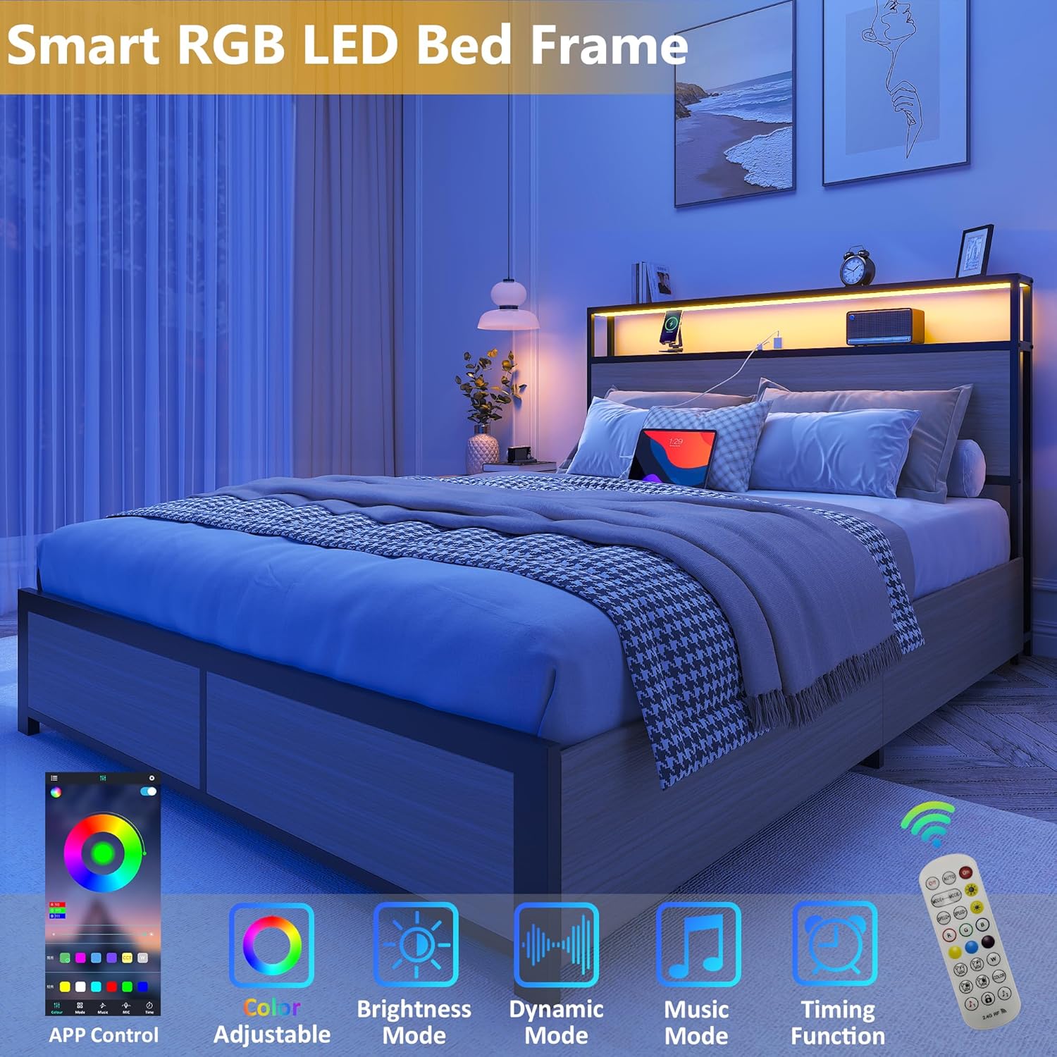 Lifezone Queen Bed Frame with 2-Tier Storage Headboard, Metal Platform Bed Frame with 4 Storage Drawers, Built in Charging Station & LED, Noise-Free/Metal Support/No Box Spring Needed wourant