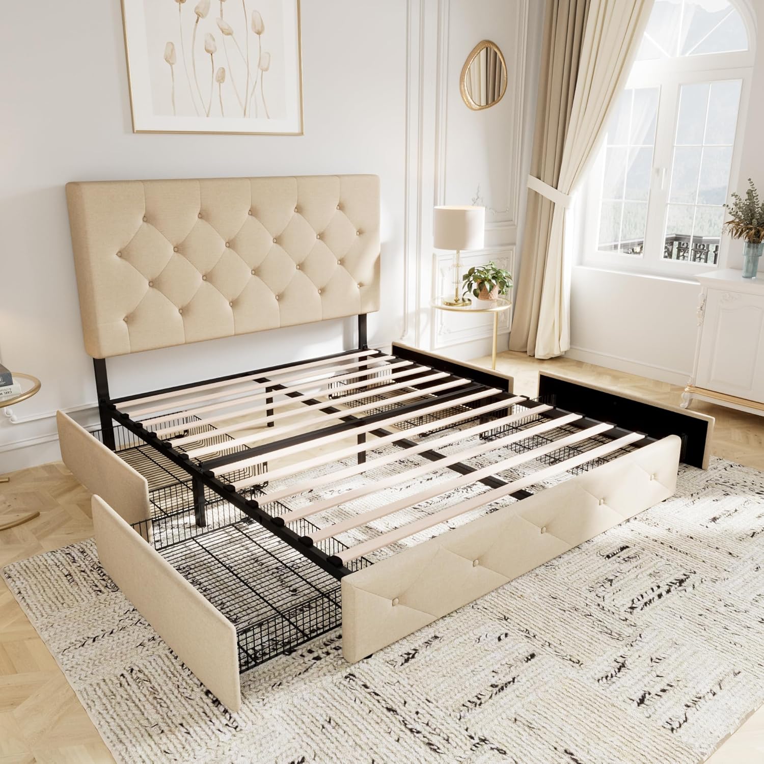 Allewie Upholstered Queen Size Platform Bed Frame with 4 Storage Drawers and Headboard wourant