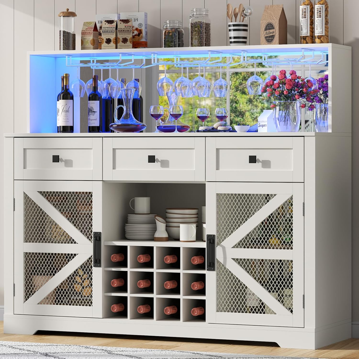 Wine Bar Cabinet with LED Light, Liquor Cabinet with Glass Holder, Coffee Bar for Liquor, Storage Buffet with Wine Racks, Wine Cabinet wourant