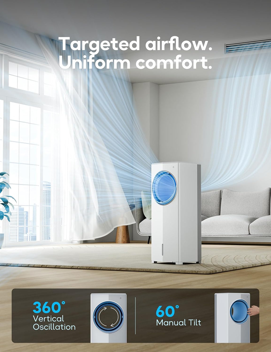 Windowless Portable Air Conditioner, 26.3" Small Evaporative Air Cooler for Room No Window, 3-Speed Settings, 4 Modes, 7H Timer, Remote Control, 4 Ice Packs, Quiet AC Unit for Bedroom wourant