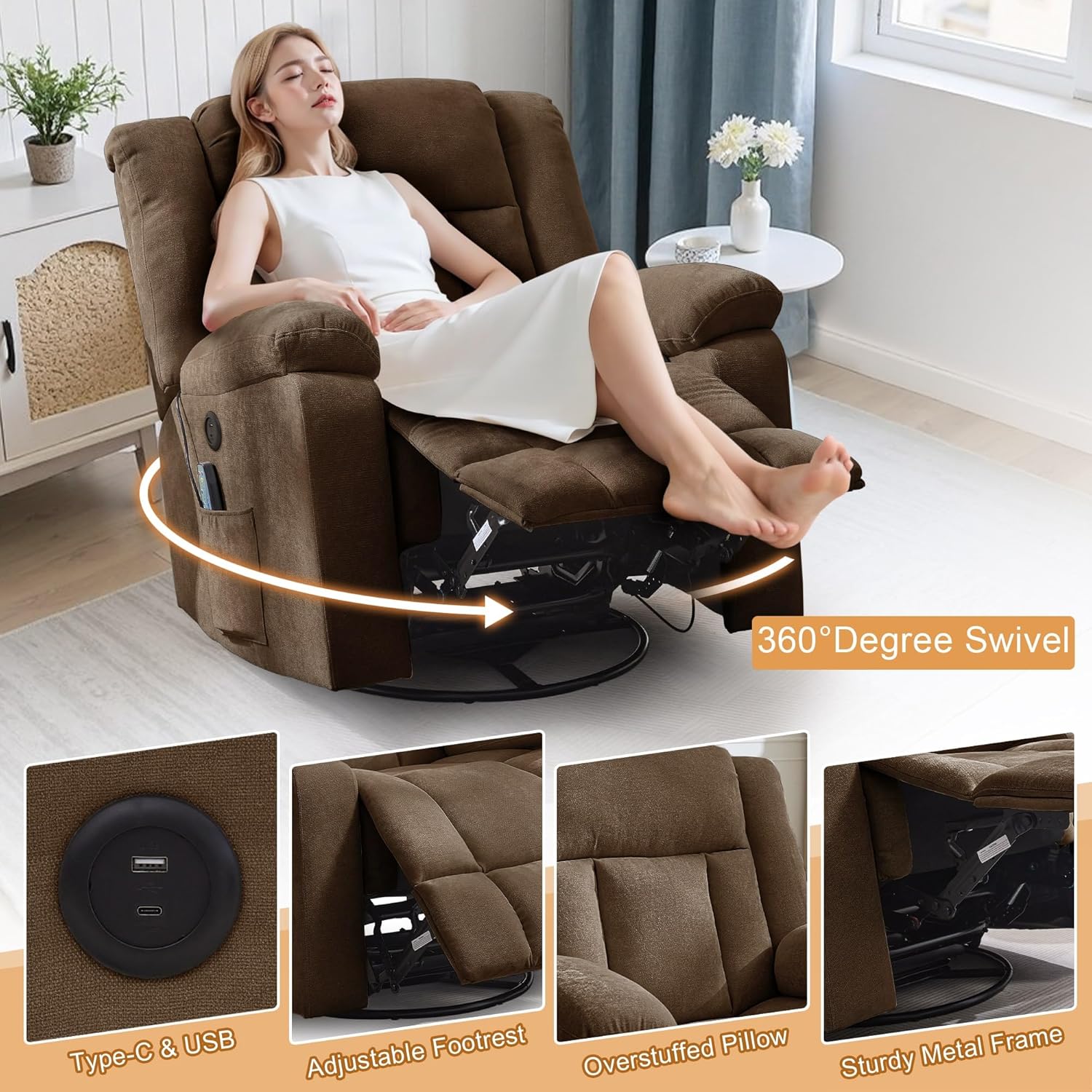 Adult rocking chair, gliding recliner, 360° rotating rocking chair with massage and heating function wourant