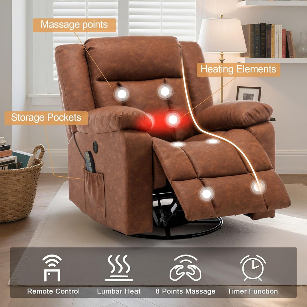 Rocker Recliner, Glider Recliner Chairs for Adults, 360° Swivel Rocking Chair with Massage and Heating, Nursery Chair with Storage and USB Charging for Living Room, Bedroom, Nursery wourant