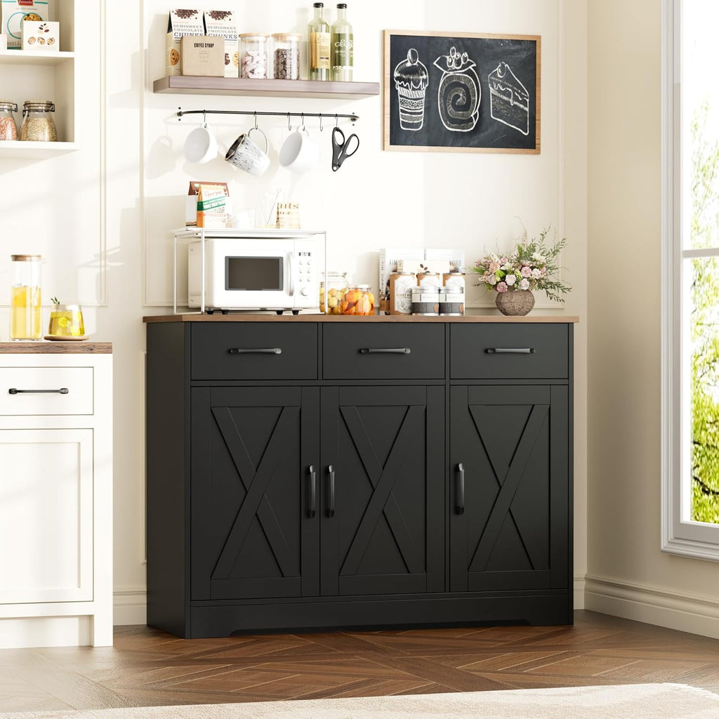 Modern farmhouse sideboard, barn door buffet storage cabinet with drawers and shelves, wooden coffee bar with storage wourant