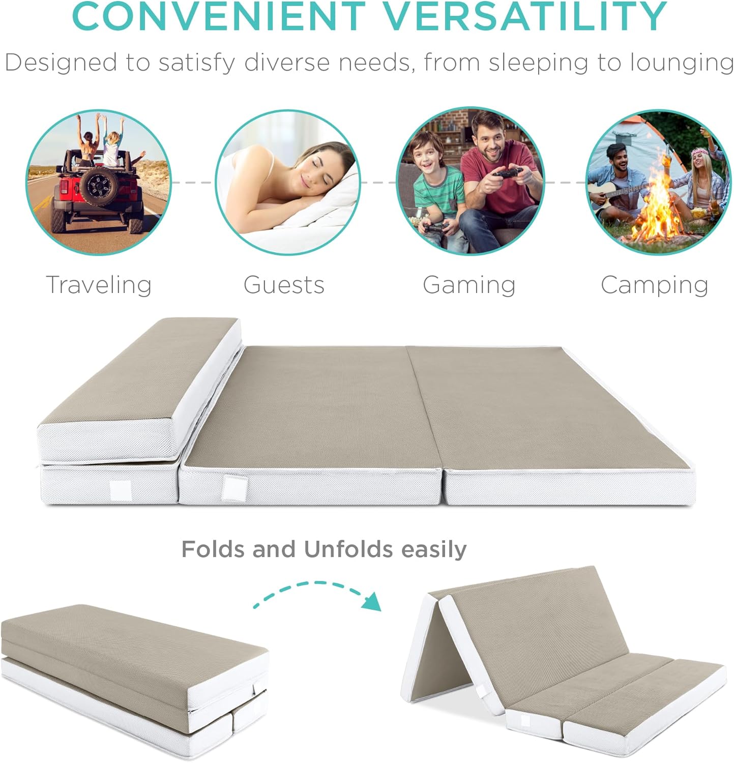 4in Portable Queen-Size Mattress, Tri-Fold Mattress for Camping, Guest, Toddler wourant