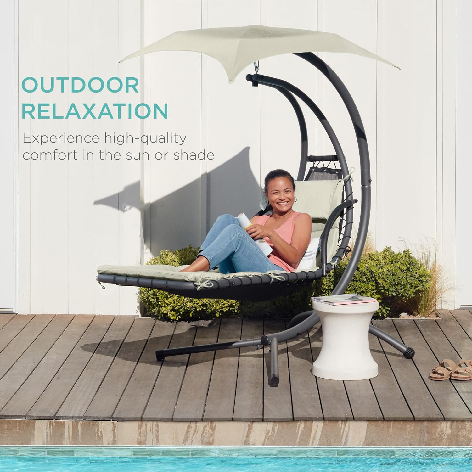 Best Choice Products Outdoor Hanging Curved Steel Chaise Lounge Chair Swing w/Built-in Pillow and Removable Canopy - Charcoal Gray wourant