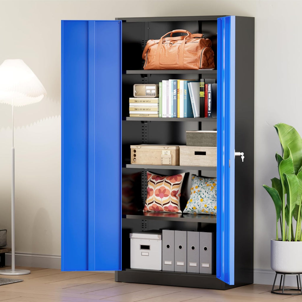 Greenvelly Metal Storage Cabinet, 72" Black Locking Metal Cabinet with 2 Doors and 4 Adjustable Shelves, Lockable Garage Storage Cabinets for Home Office, Garage, Kitchen, Living Room wourant