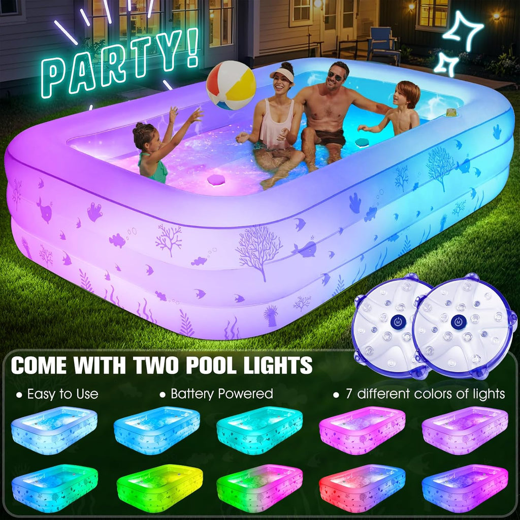 Inflatable Pool with Seat and Pool Lights, Durable Thickened Large Size Family Inflatable Pools for Adults Blow Up Pools,105" x 65" x 25"Swimming Inflatable Kids PooI for Backyard,Outdoor (White) wourant