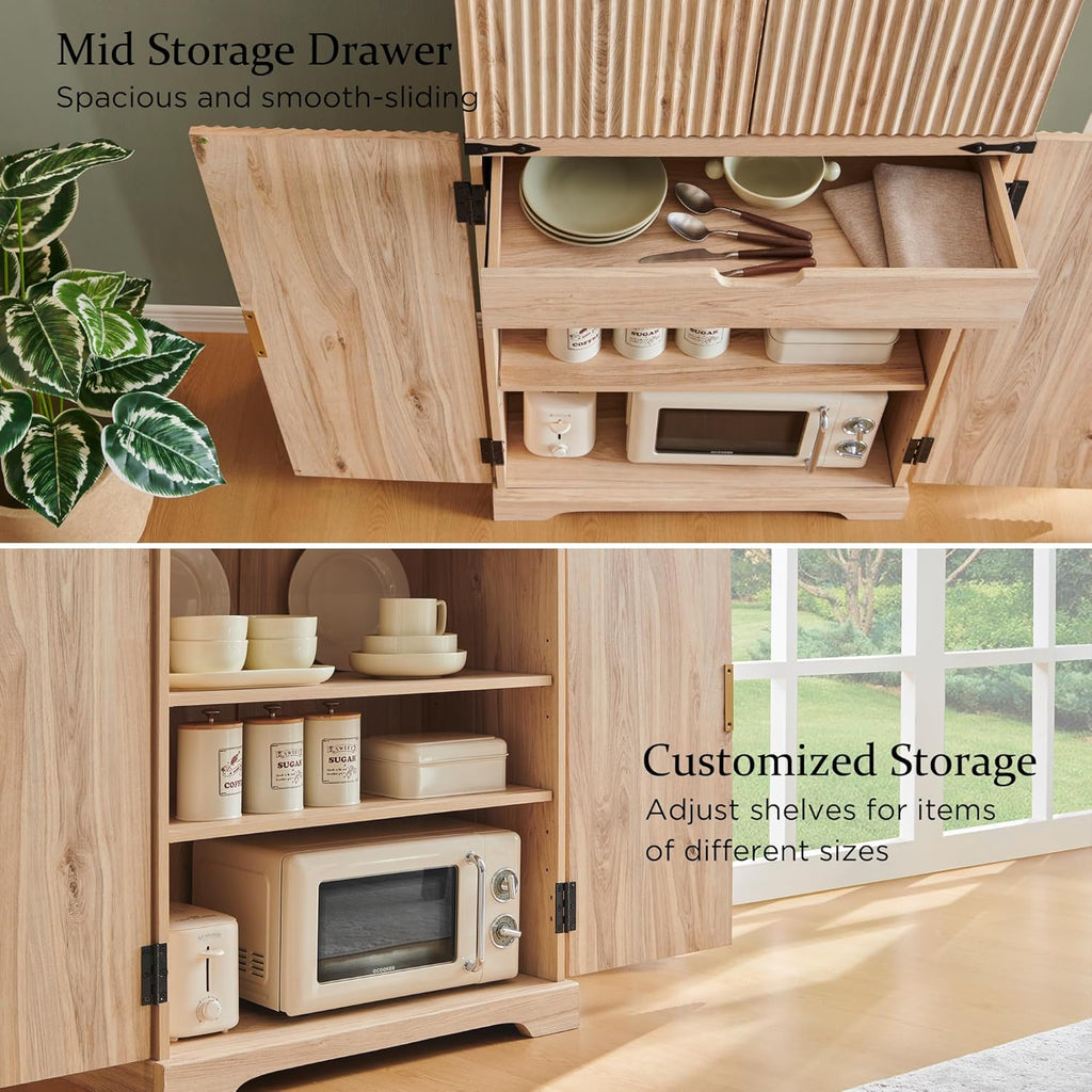 Fluted Pantry Cabinet, 72" Tall Modern Storage Cabinet with 4 Doors, Organizer, Drawer and Adjustable Shelves, Wood Cupboard wourant