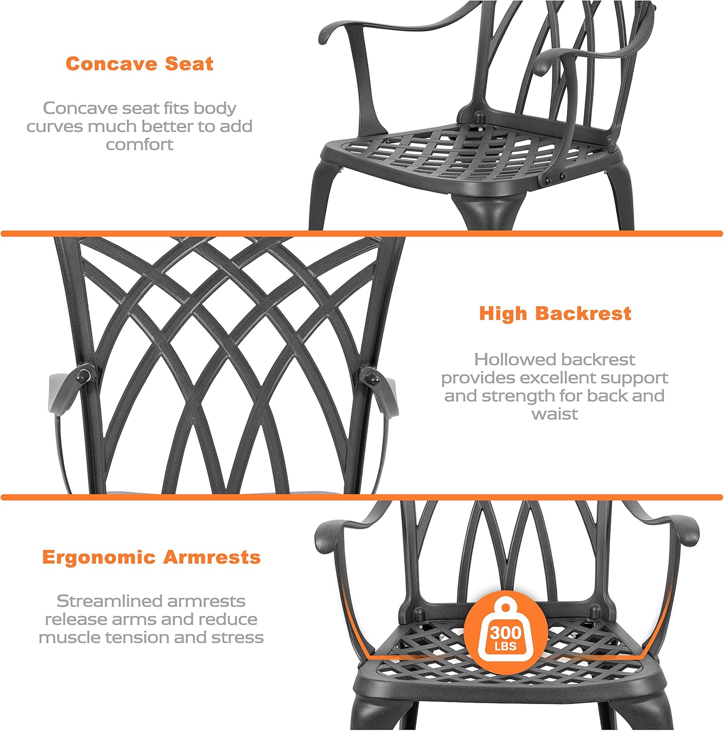 NUU GARDEN Bistro Set 3 Piece Outdoor Cast Aluminum Patio Bistro Set Patio Table and Chairs Set of 2 with Umbrella Hole and Gray Cushions, Black wourant