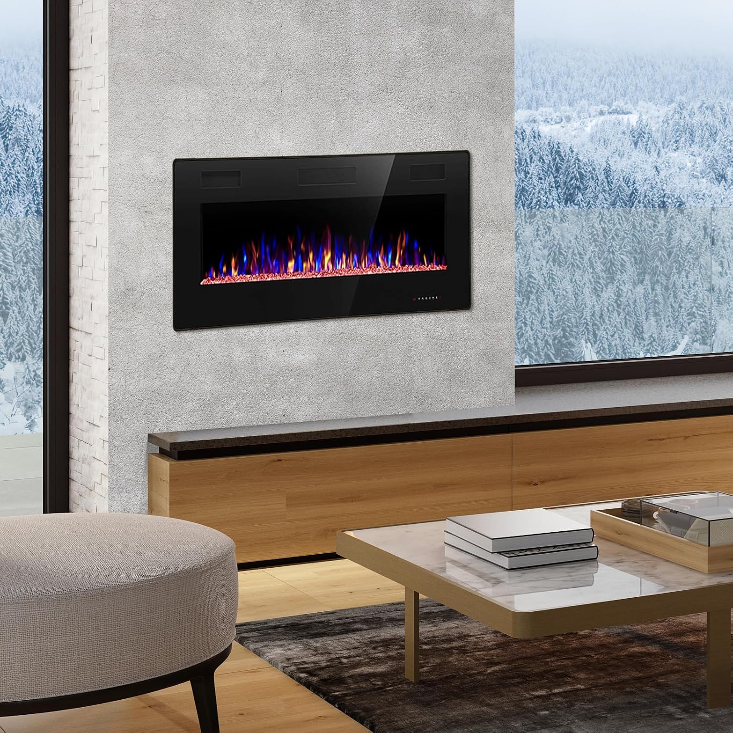 R.W.FLAME 60" Recessed and Wall Mounted Electric Fireplace, Low Noise, Fit for 2 x 6 Stud, Remote Control with Timer, Touch Screen, Adjustable Flame Color and Speed, 750-1500W wourant