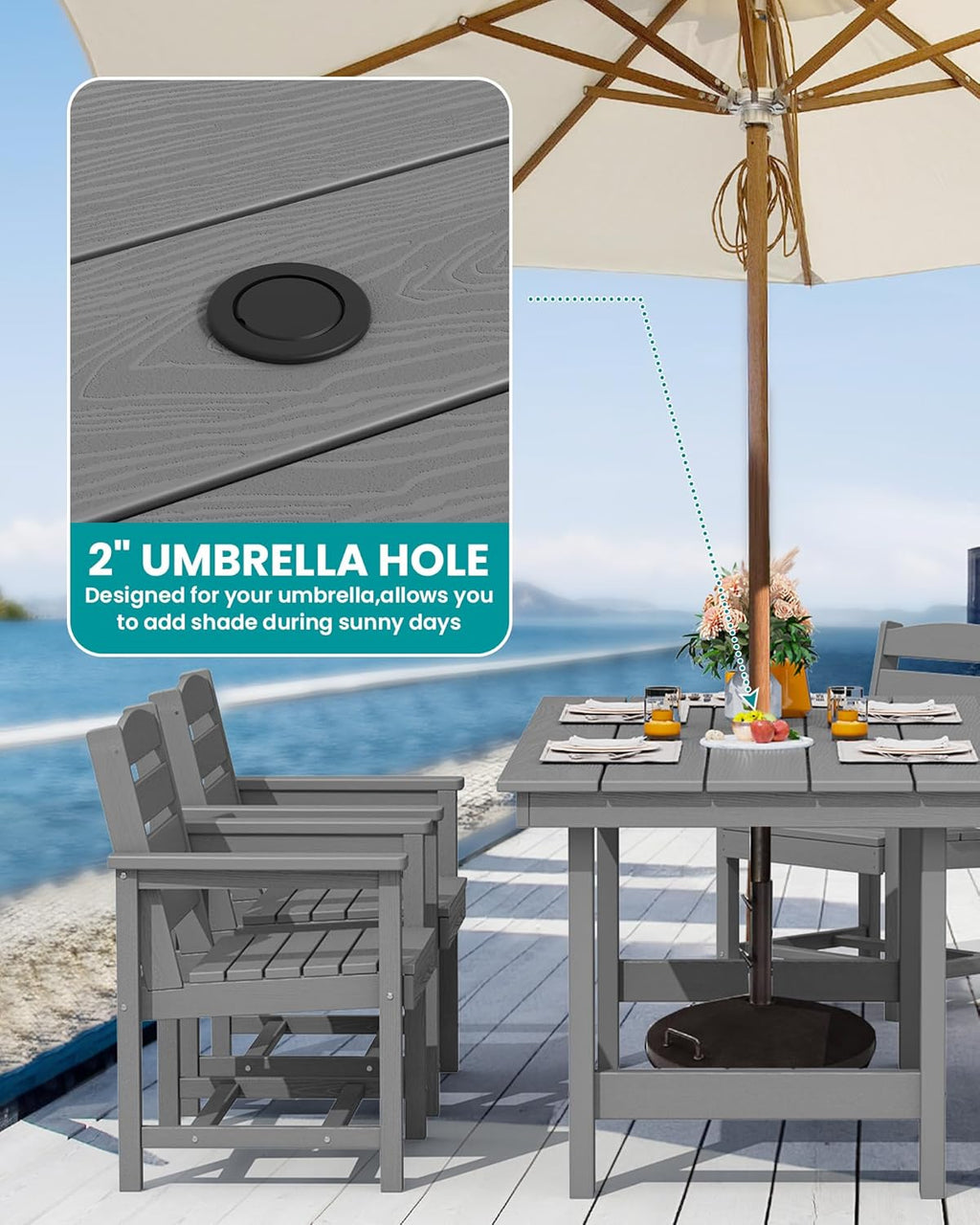 Outdoor HDPE Dining Table Set, 7-Piece Outdoor Dining Table Sets with Umbrella Hole Cut-Out Table and 6 Chairs wourant