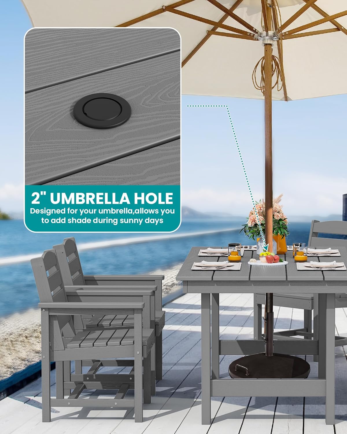 Outdoor HDPE Dining Table Set, 7-Piece Outdoor Dining Table Sets with Umbrella Hole Cut-Out Table and 6 Chairs wourant