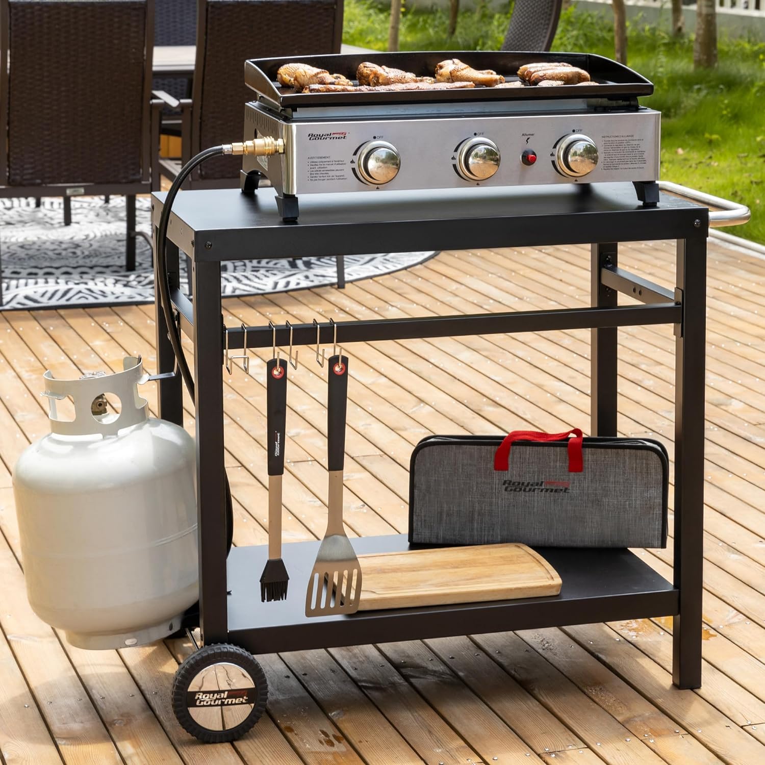 Royal Gourmet Dining Cart Table with Double-Shelf, Movable Stainless Steel Flattop Grill Cart, Hooks, Side Handle, Multifunctional PC3401B (Black) wourant