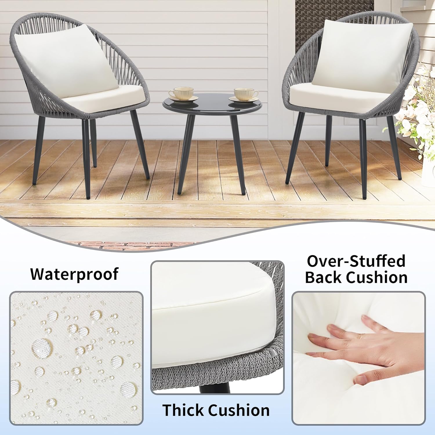 3 Piece Bistro Set, Woven Rope Chair with Cushions, All Weather Patio Conversation Set with Side Table, Ideal for Deck, Balcony, Poolside, Black wourant