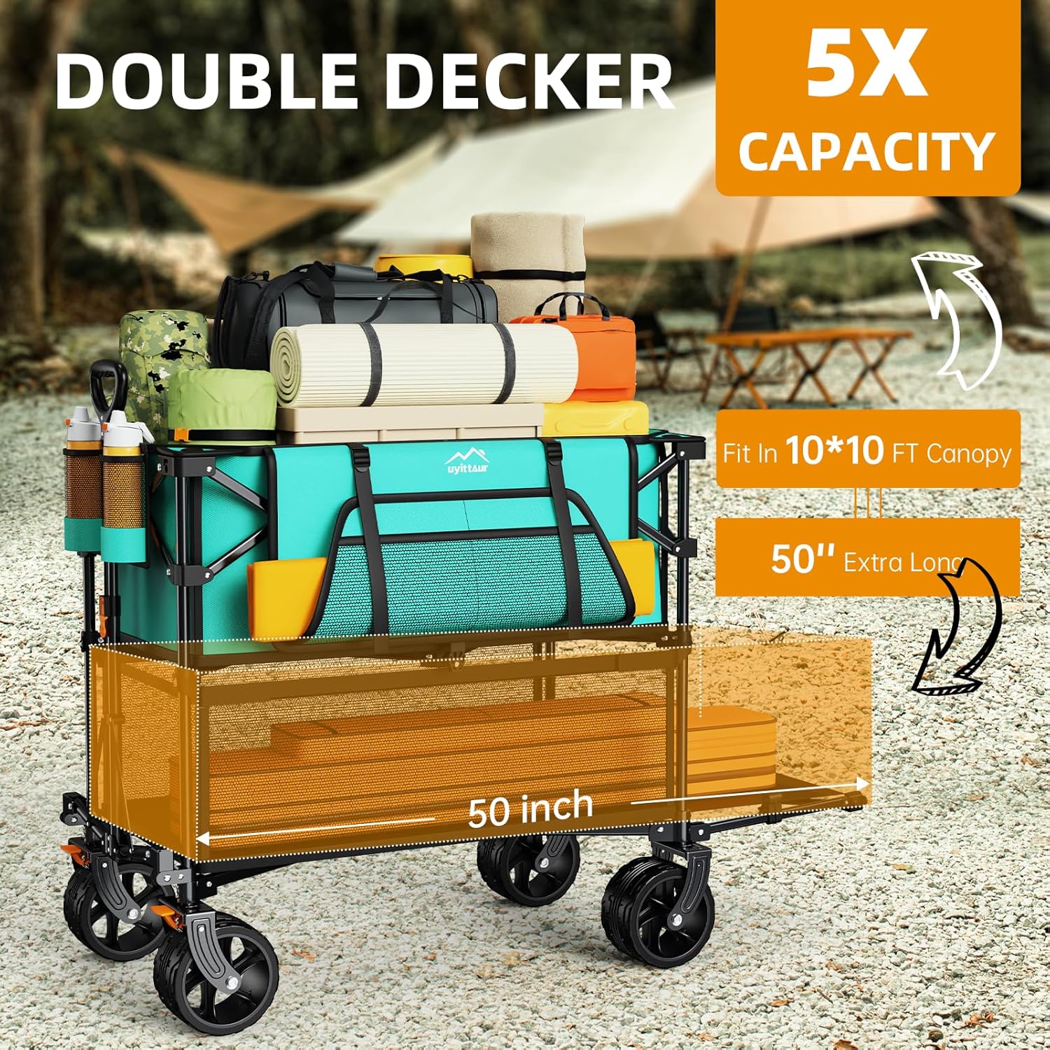 Foldable 50''L Extra Long Double Decker Wagon for Sport, 400L Collapsible Heavy Duty Wagon Cart with Big Wheels, Utility All-Terrain Large Extender Cart for Outdoors wourant