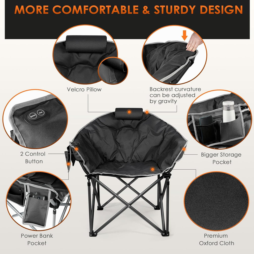 Heated Camping Chair, Extra Large Heated Chair Outdoor Sports Chair with 3 Heat Levels on Back and Seat, Portable Folding Heated Outdoor Chair (Batteries Not Included) wourant