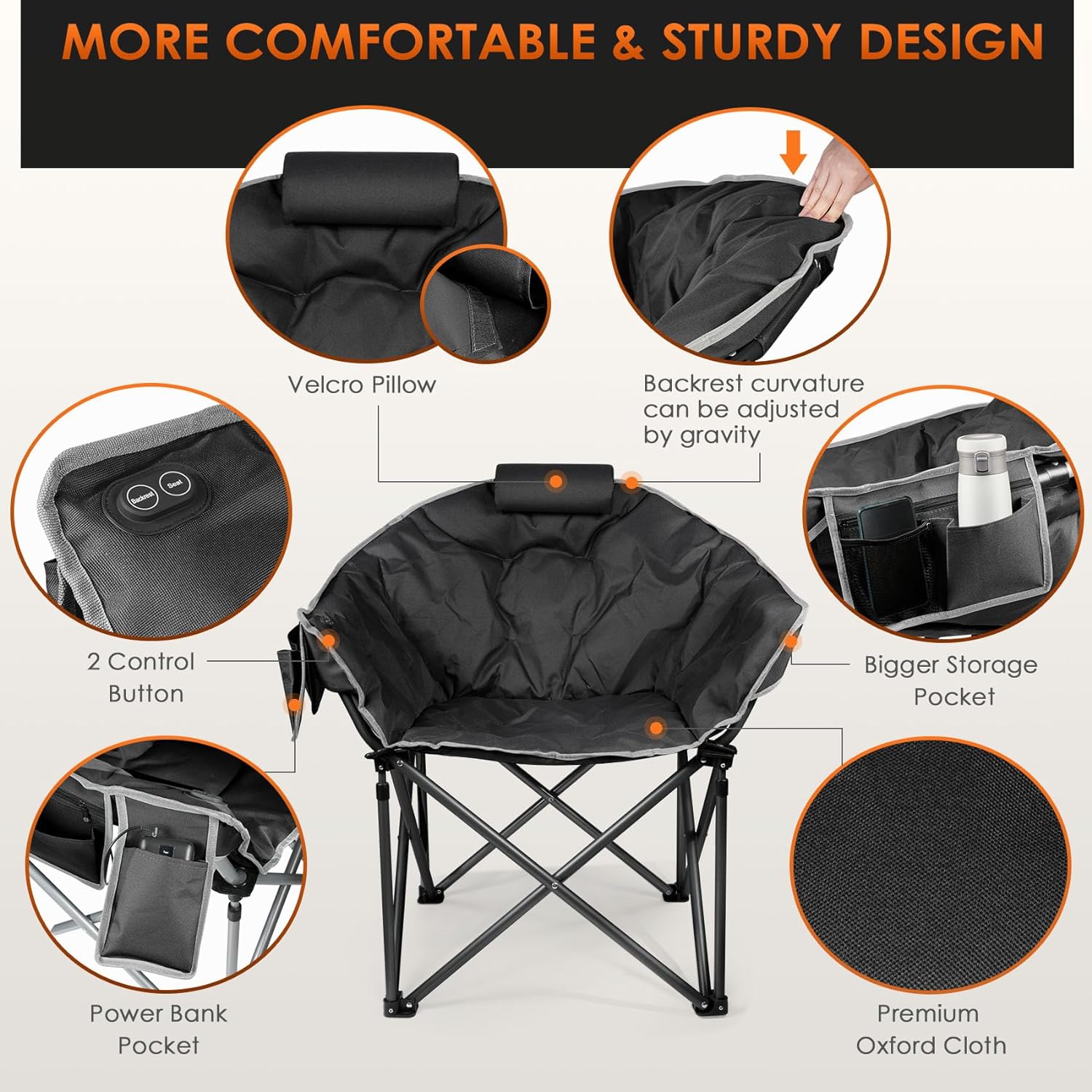 Heated Camping Chair, Extra Large Heated Chair Outdoor Sports Chair with 3 Heat Levels on Back and Seat, Portable Folding Heated Outdoor Chair (Batteries Not Included) wourant