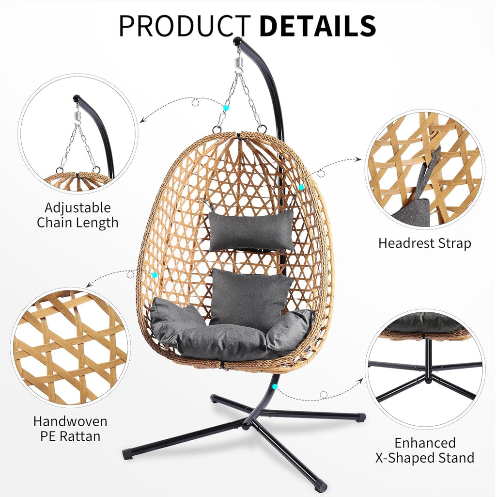 Egg Chair with Stand Patio Wicker Hanging Chair Hammock Swing Chair 350LBS Capacity wourant