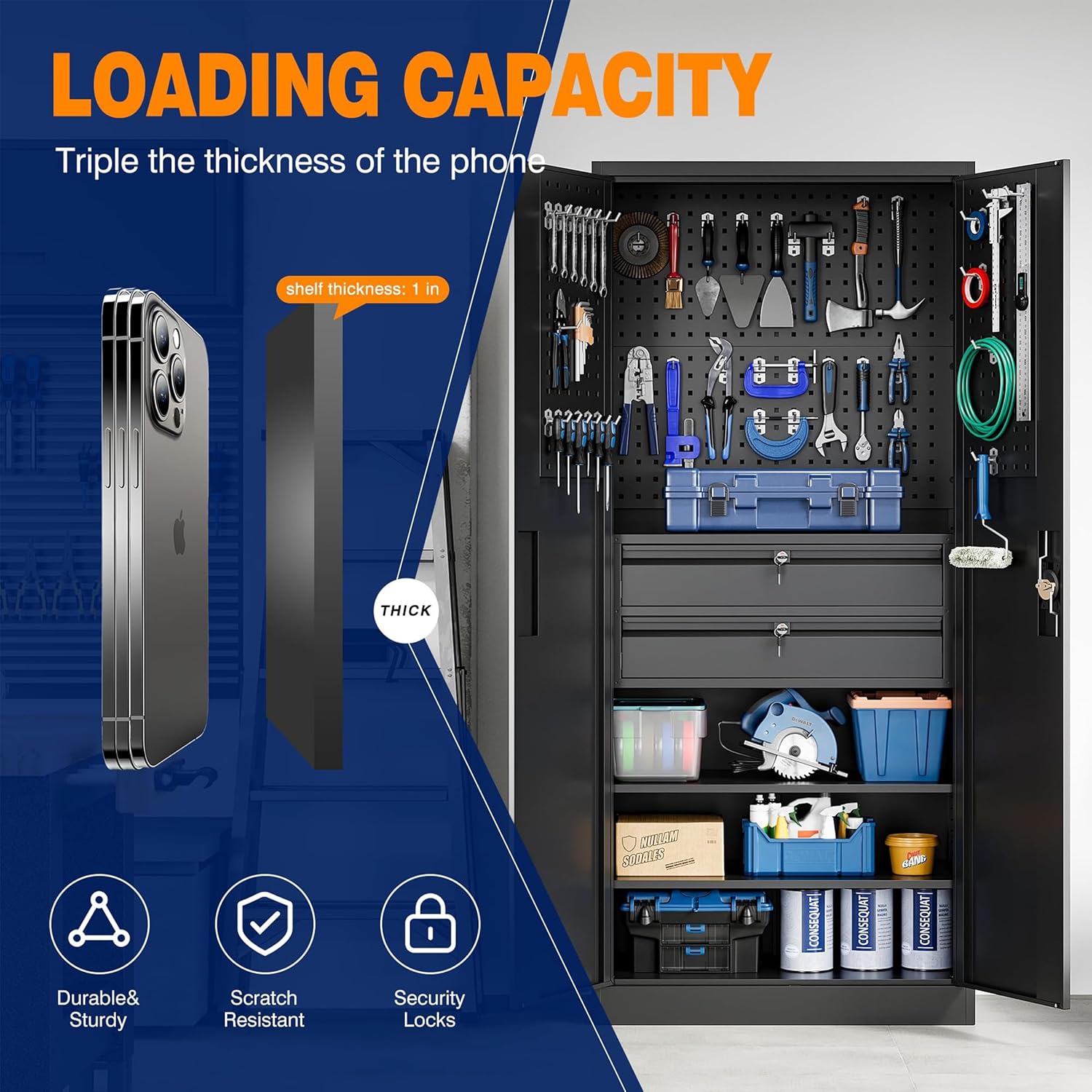 Yizosh Metal Garage Storage Cabinet with Locking Doors and 2 Drawers, Heavy Duty Steel Tool Cabinet with Pegboard, 71" - Lockable Cabinets for Garage, Warehouse, Basement (Black) wourant