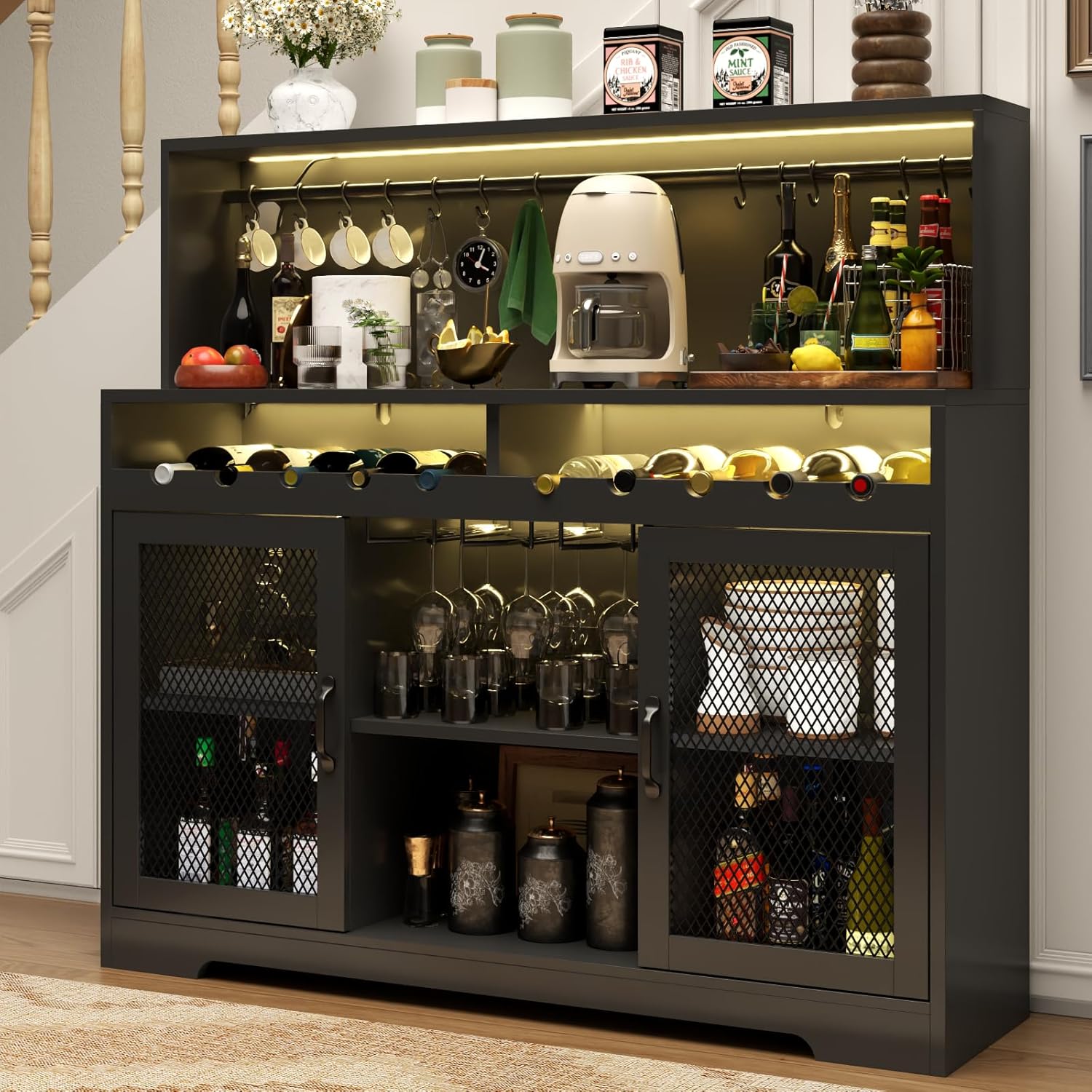 Wine Bar Cabinet with LED Light, Liquor Cabinet with Glass Holder, Coffee Bar for Liquor, Storage Buffet with Wine Racks, Wine Cabinet wourant