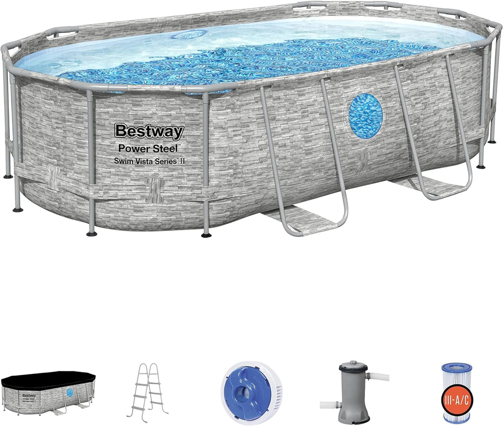 Power Steel 14' x 8'2" x 39.5" Oval Above Ground Pool Set | Includes 530gal Filter Pump, Ladder, ChemConnect Dispener wourant