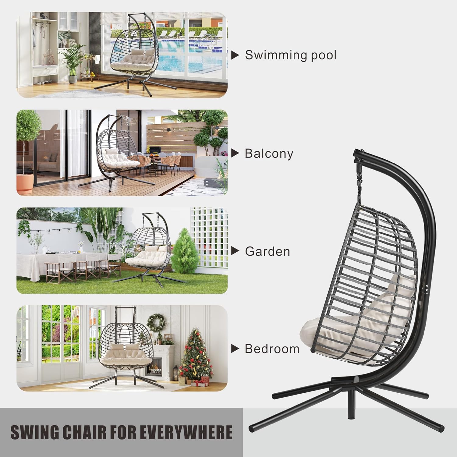 HWB Hanging Egg Chair Patio Wicker Hammock Egg Swing Chair with Cushion for Bedroom wourant