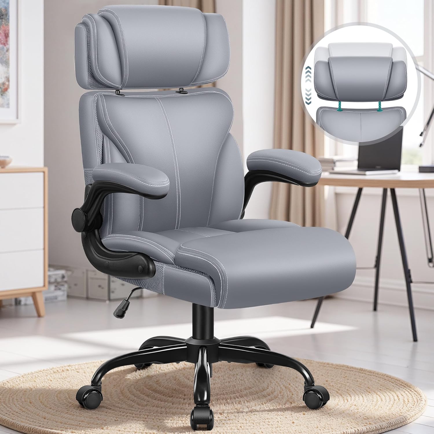 Office Chair Large High-Foot Computer Desk Chair, Breathable Leather Chair Lumbar Support Rotating Computer Chair wourant