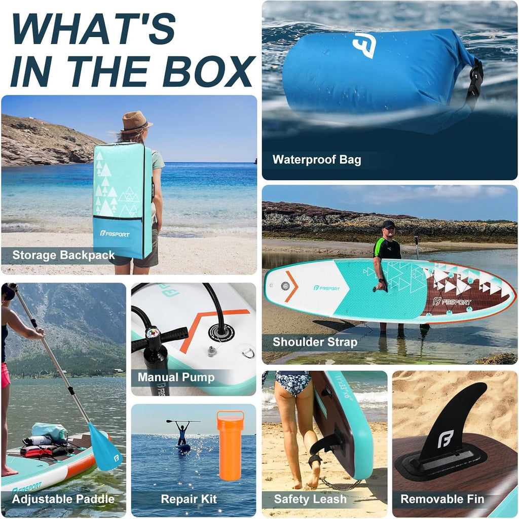 FBSPORT 11' Premium Stand Up Paddle Board, Yoga Board with Durable SUP Accessories & Carry Bag | Wide Stance, Surf Control, Non-Slip Deck, Leash, Paddle and Pump for Youth & Adult wourant