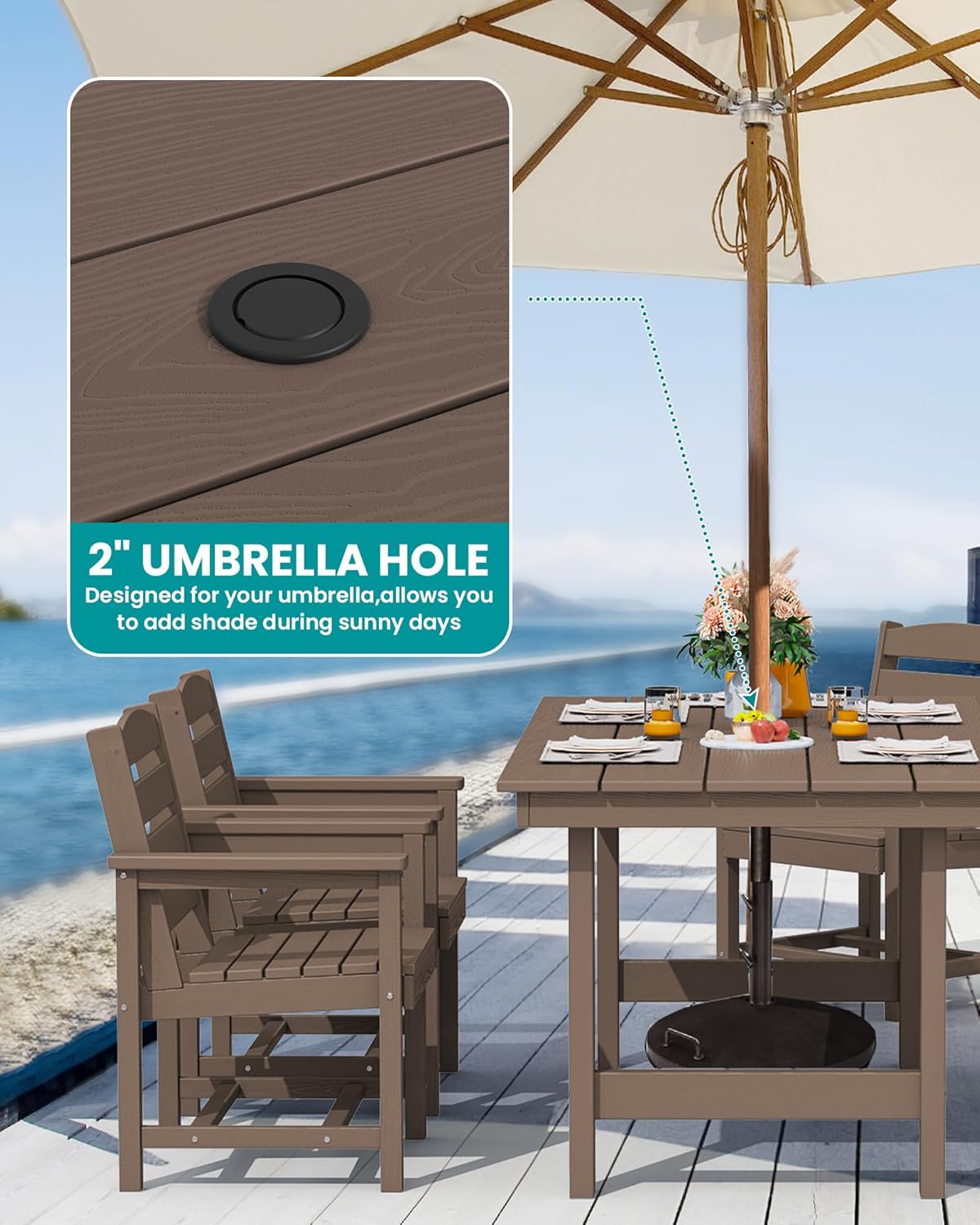 Outdoor HDPE Dining Table Set, 7-Piece Outdoor Dining Table Sets with Umbrella Hole Cut-Out Table and 6 Chairs wourant