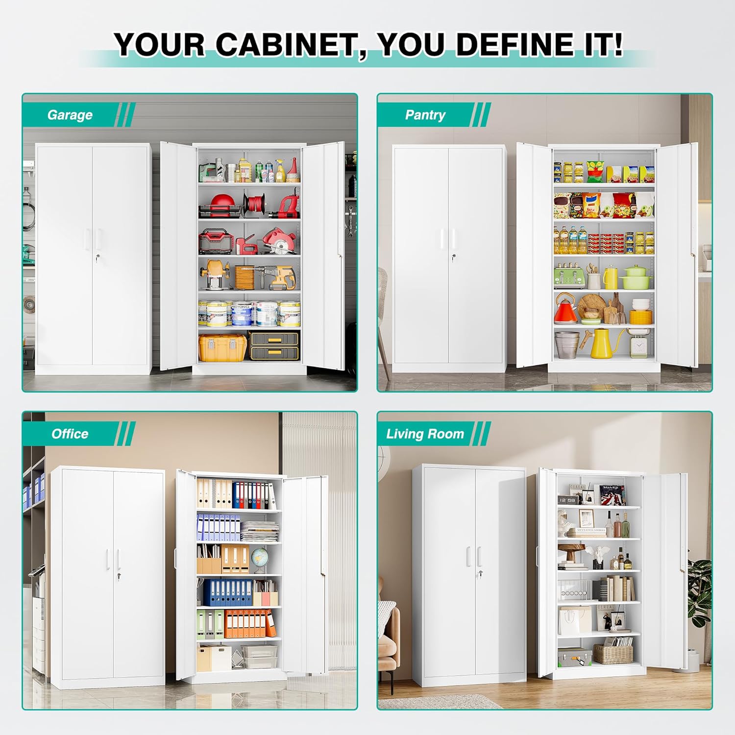 Metal Storage Cabinet with 2 Doors and 6 Shelves, Black Metal Cabinet with Lock, 71 Inch Lockable Garage Storage Cabinet wourant