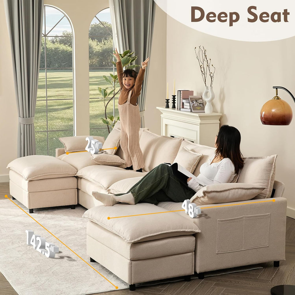 108 Inch U Shape Sofa Sectional Sofa Comfortable Cloud Sofa with Removable Footstool wourant