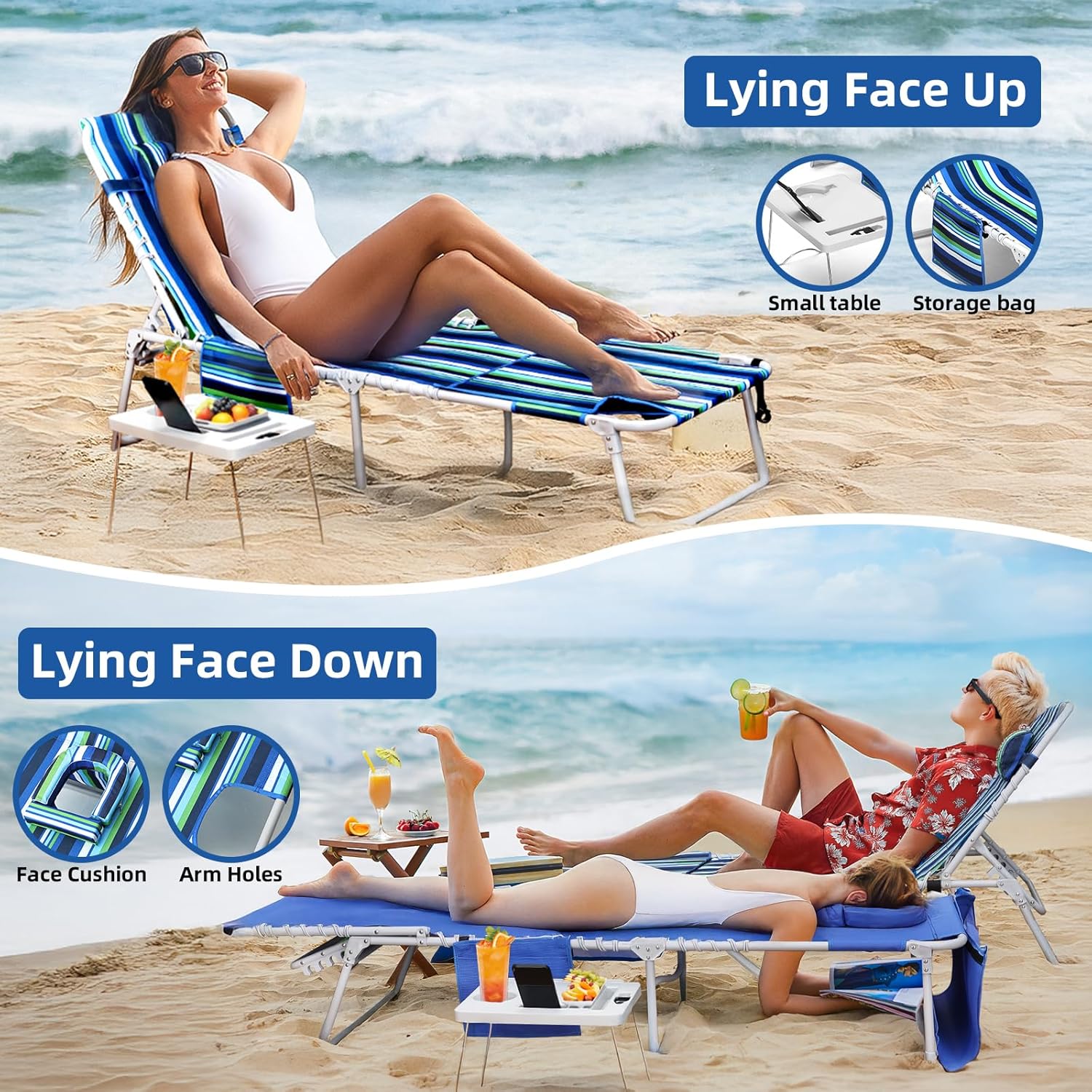 3-in-1 Beach Chair Face Holes Lounge Chair Outdoor with Folding Side Table 5-Position Recliner, Lay Flat Removable Pillow Heavy Duty, Max 330lbs, Poolside, Patio, Camping Backyard Striped Blue wourant