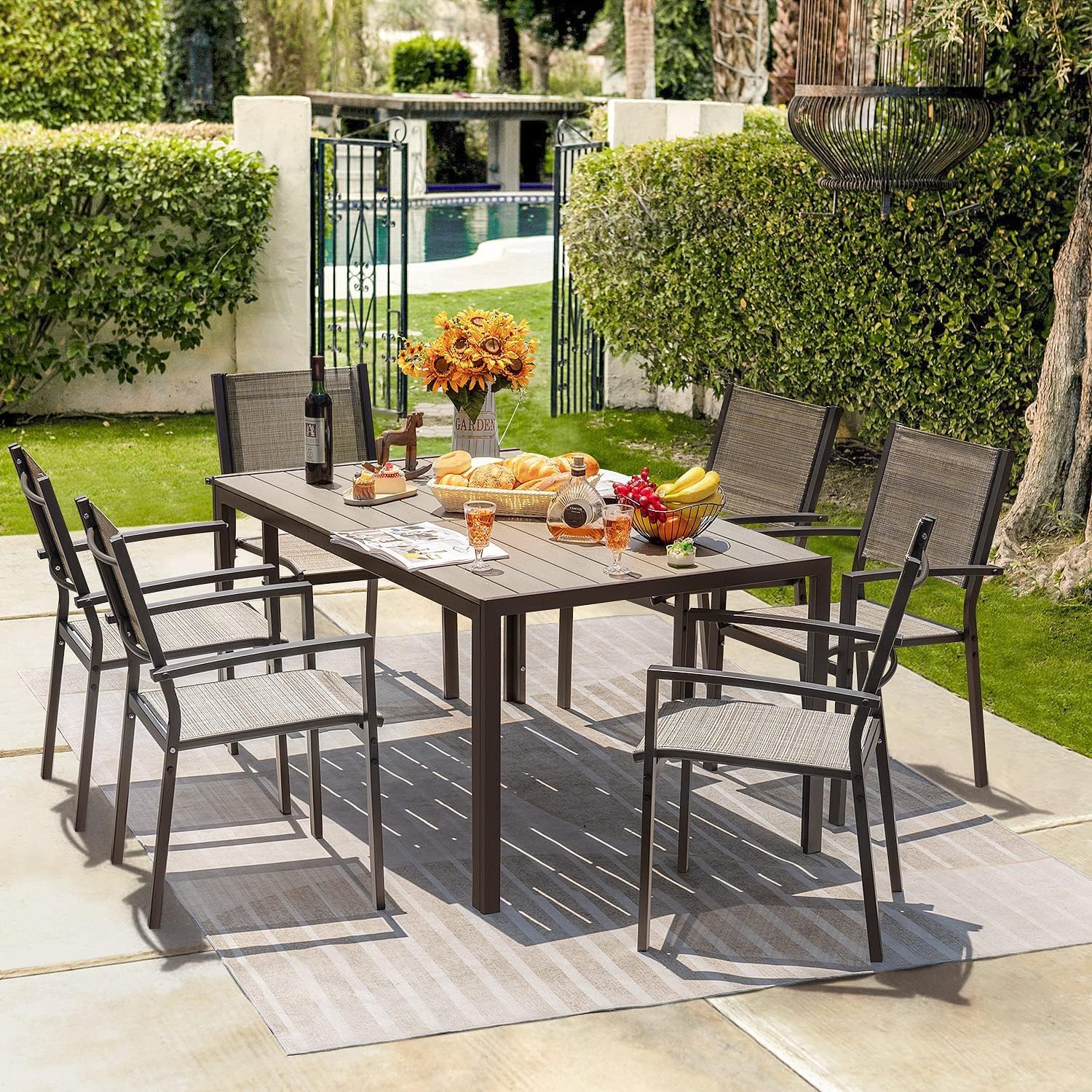Homall Patio Dining Set 7 Pieces Outdoor Furniture with Large Table and 6 Textilene Chairs for Porch, Brown wourant