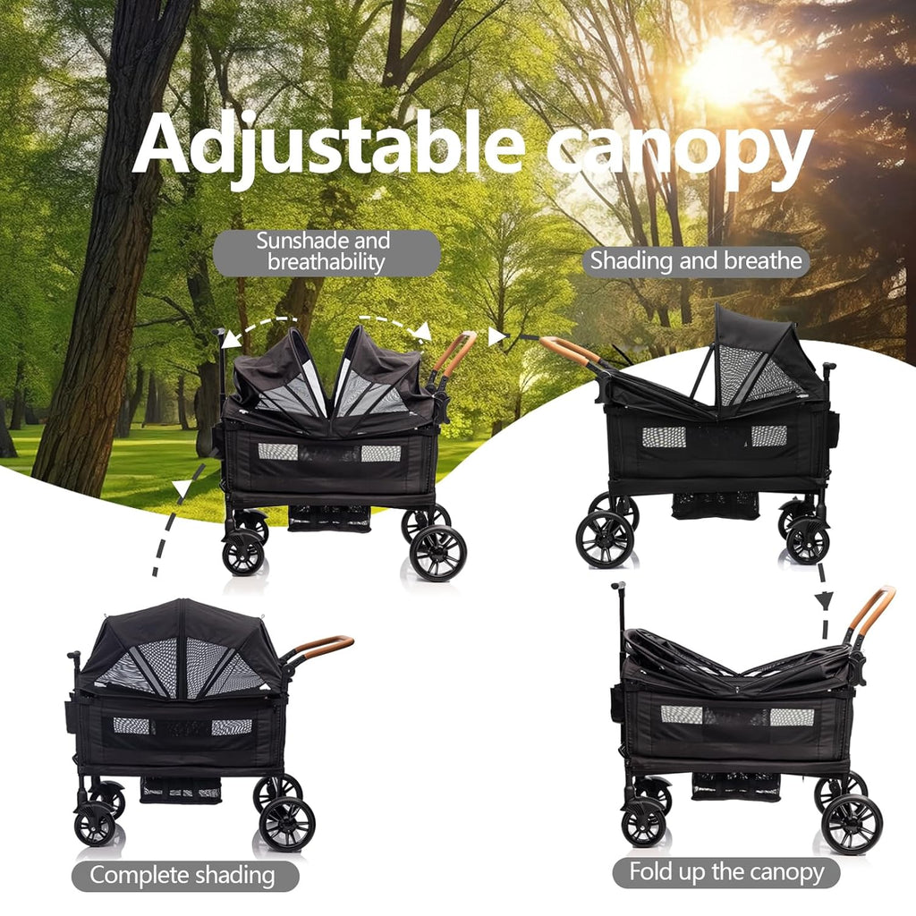 Wagon Stroller for 2 Kids & Cargo-Travel Stroller Push-Pull Double Wagon Lightweight Folding Stroller for Newborn&Toddler with 5-Point Harness,Adjustable Handle Bar and Canopy,Tray Table,Cup Holder wourant