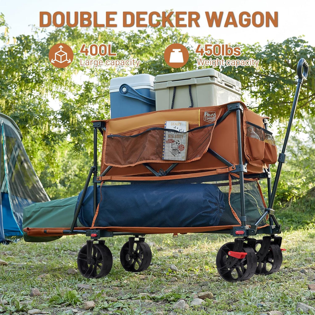 400L Large Capacity Folding Double Decker Cart with Brakes, 54 Inch Extra Long Extended Cart, 450 Pounds Heavy Duty Folding Cart wourant