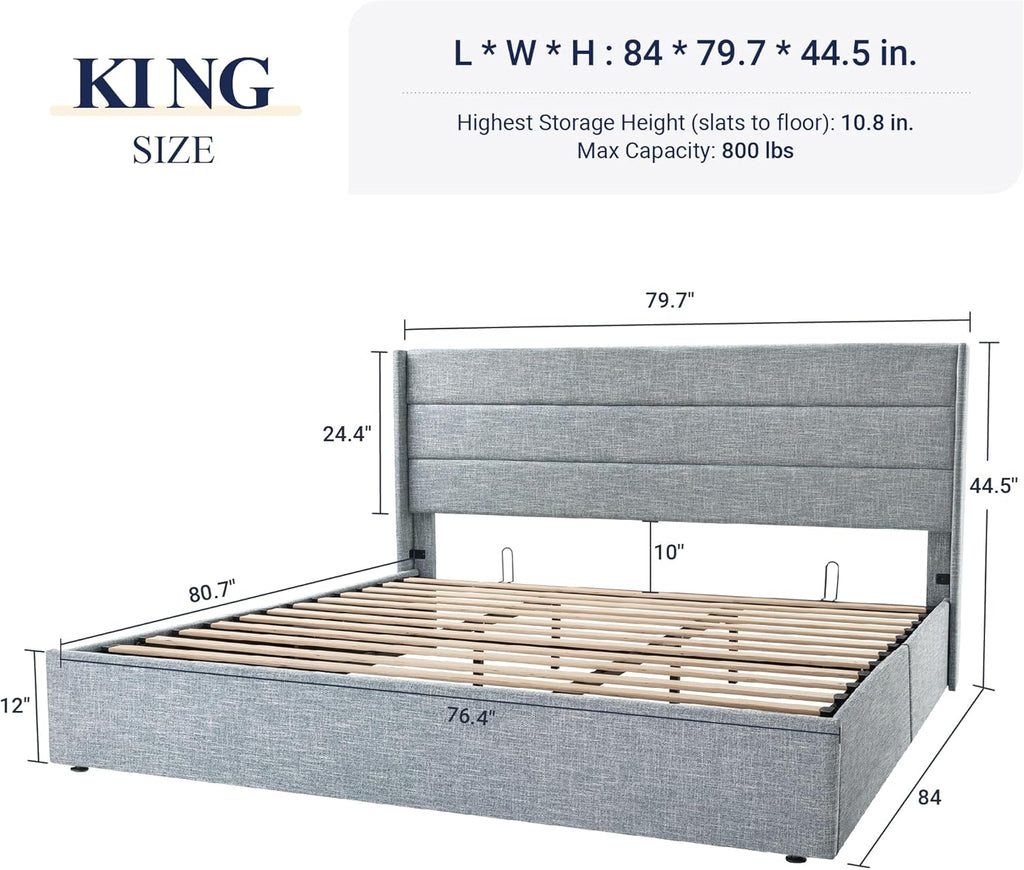 Allewie Queen Size Lift Up Storage Bed Modern Wingback Headboard Hydraulic Support wourant