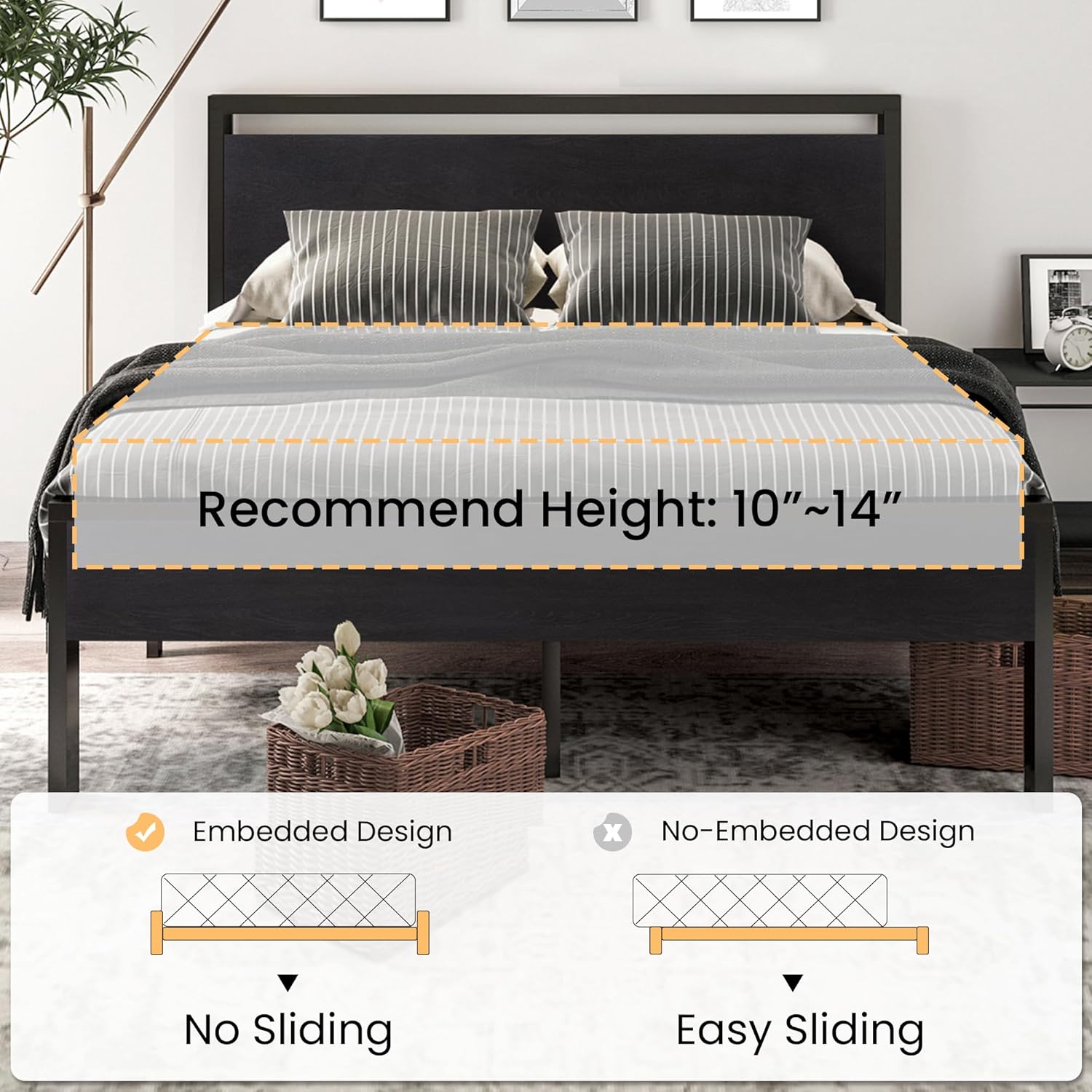 SHA CERLIN 14 Inch Full Size Metal Platform Bed Frame with Wooden Headboard and Footboard wourant