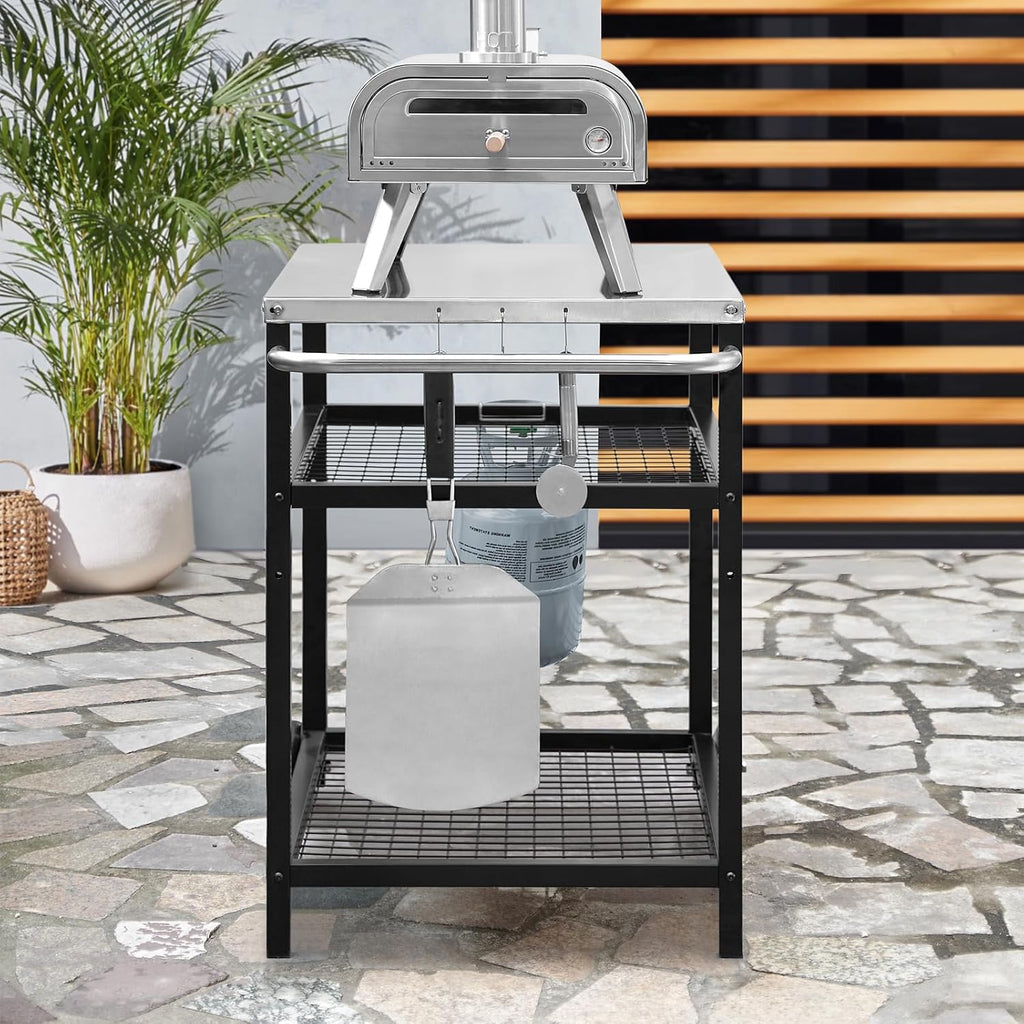 Stainless Steel Outdoor Grill Cart Pizza Oven Stand Trolley Table with Wheels Three-Shelf Movable Food Prep and Work Table Heavy Duty Grill Carts Outdoor Cart 31.5"×24"×35.5" wourant