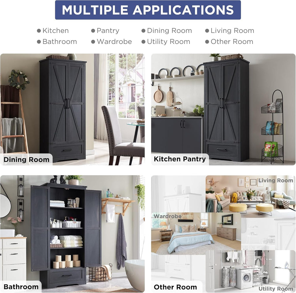 JXQTLINGMU Farmhouse Kitchen Pantry - 72" Tall Wood Kitchen Storage Cabinet with Adjustable Shelves and 2 Barn-Style Doors and Drawers wourant