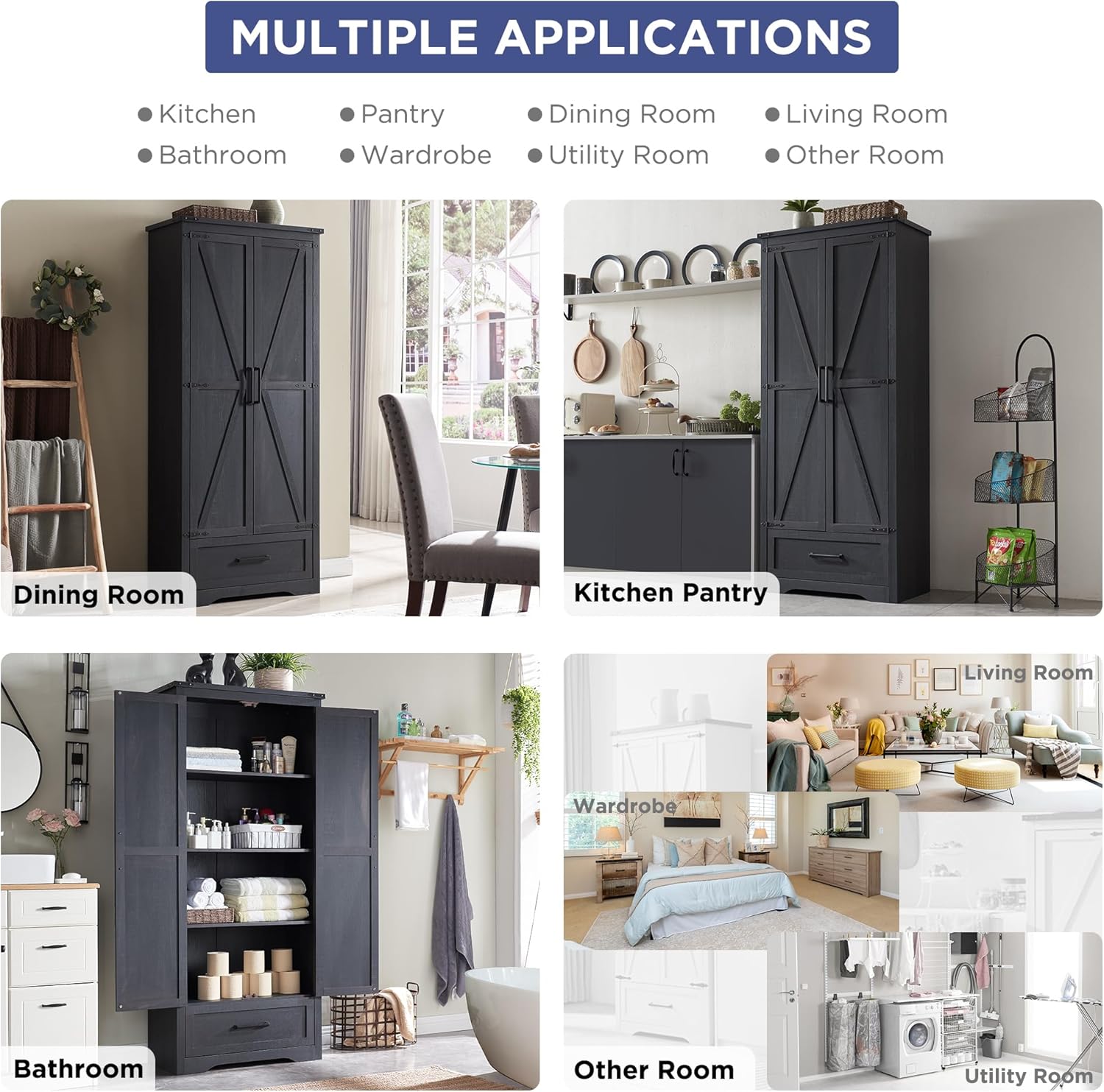 JXQTLINGMU Farmhouse Kitchen Pantry - 72" Tall Wood Kitchen Storage Cabinet with Adjustable Shelves and 2 Barn-Style Doors and Drawers wourant