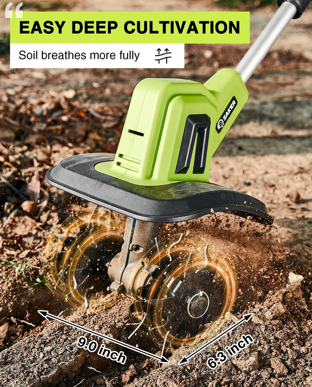 Saker 22V Cordless Electric Garden Tiller Cultivator, Lightweight Rototiller for Gardening, 9-Inch Tilling Width, 6.3-Inch Depth for Soil Preparation, Weeding, and Gardening 2 Batteries SK-TC18B wourant