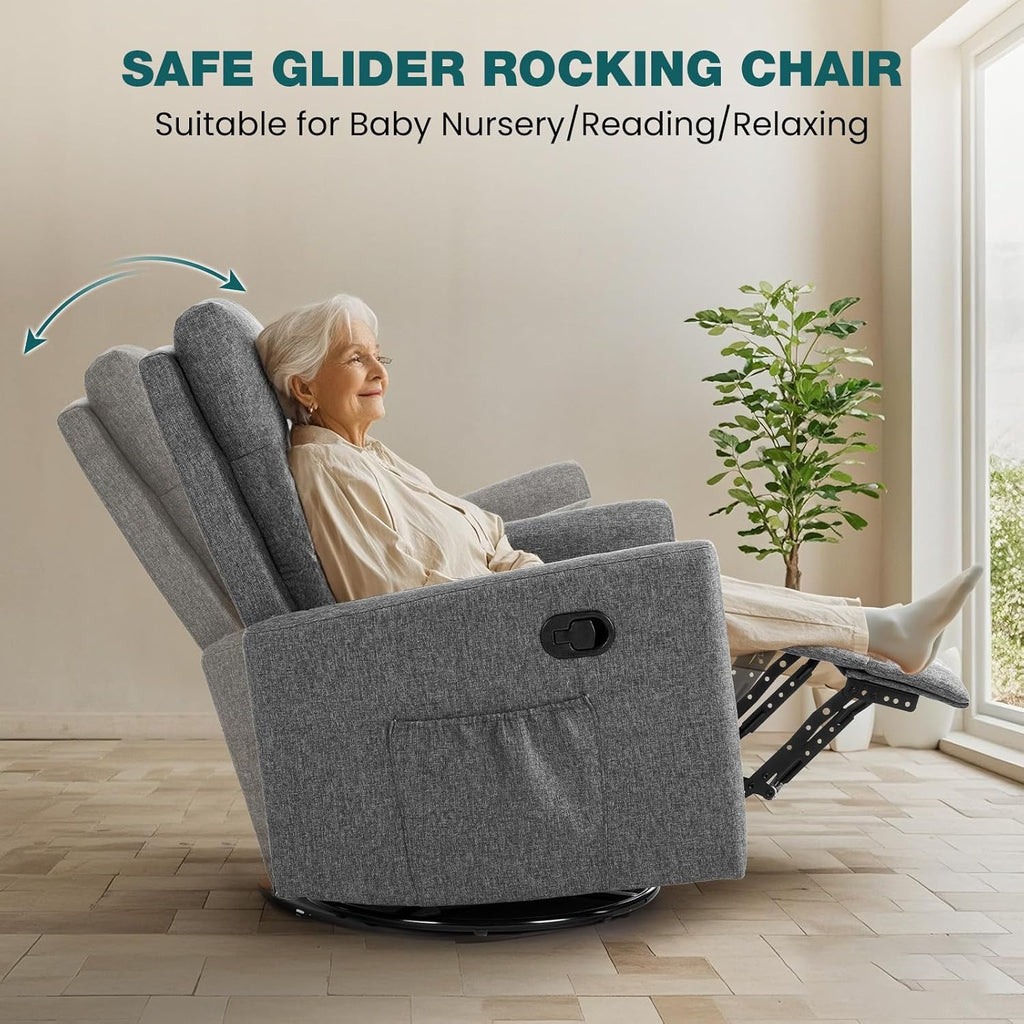 Swivel Rocking Recliner Chair with Extra Large Footrest High Back, Upholstered Glider Nursery Chair for Living Room, Bedroom & Nursery, Comfortable Deep Seat for Relaxation, Grey wourant