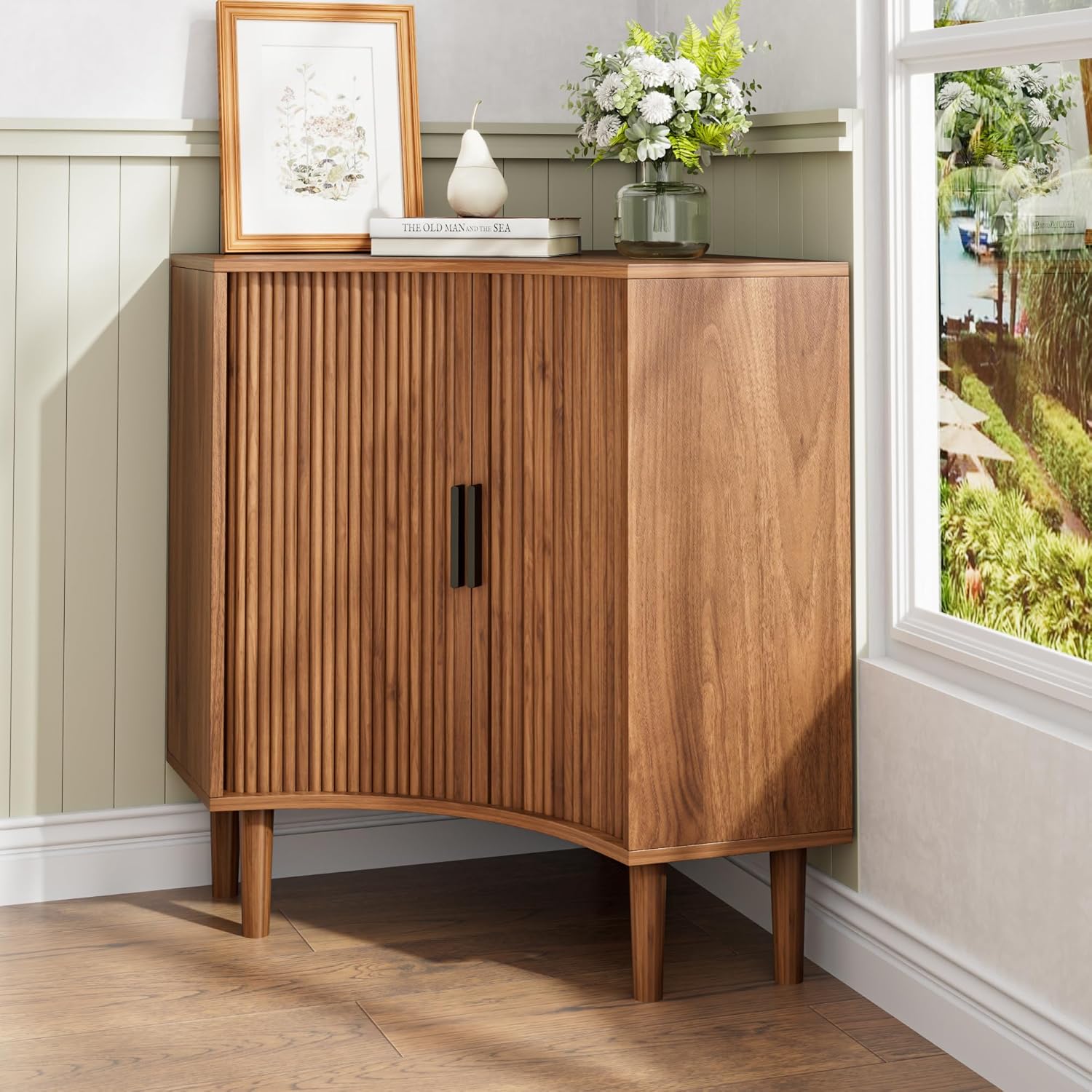 Fluted corner cabinet, small corner base cabinet modern wooden storage organizer wourant
