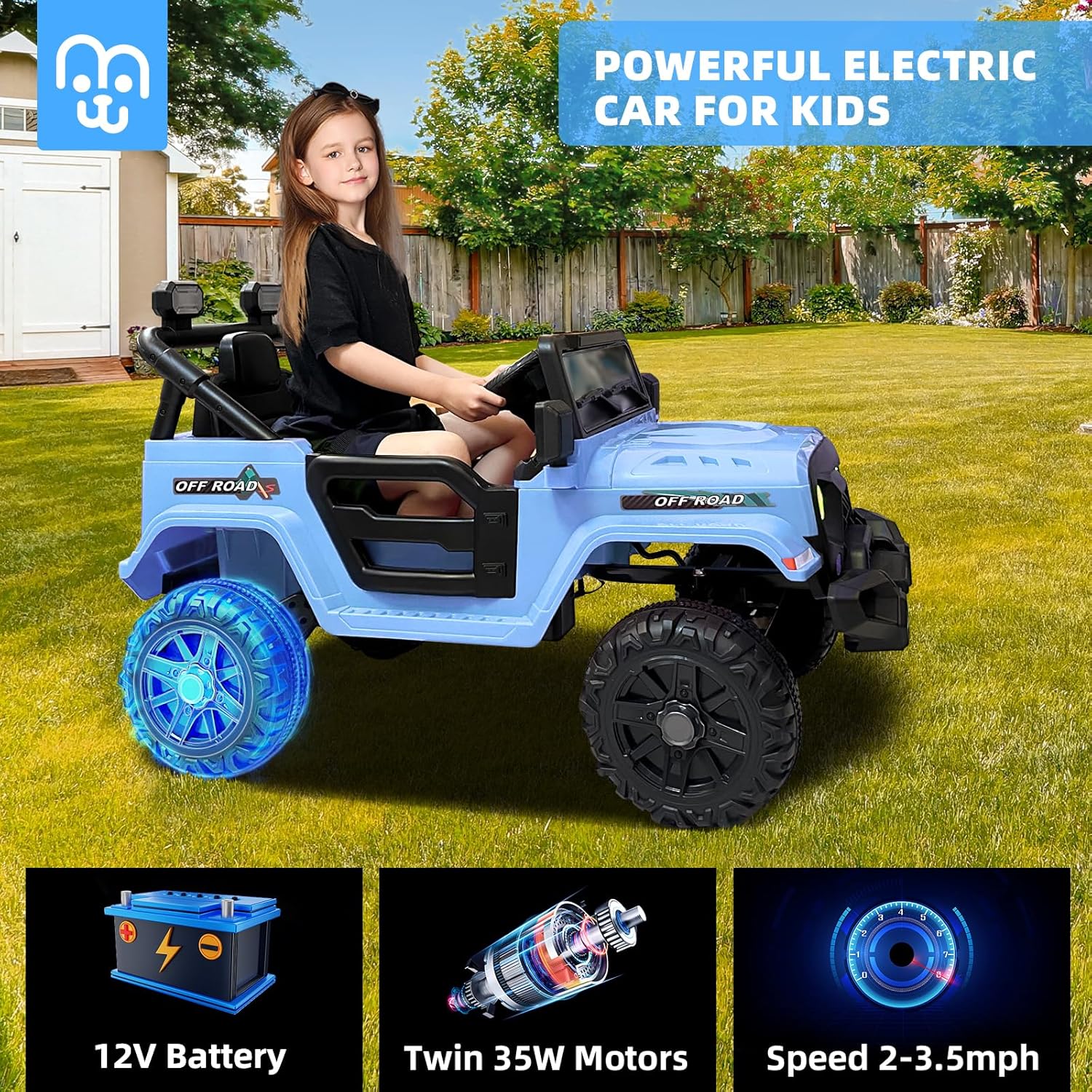 12V Kids Electric Ride on Truck Car Remote Control, Twin 35W Motors 3.5MPH Max Speed, Bluetooth USB Music Player, 4 Wheels Suspension LED Lights Safety Belt, Gift for Boy & Girl-Rosy wourant