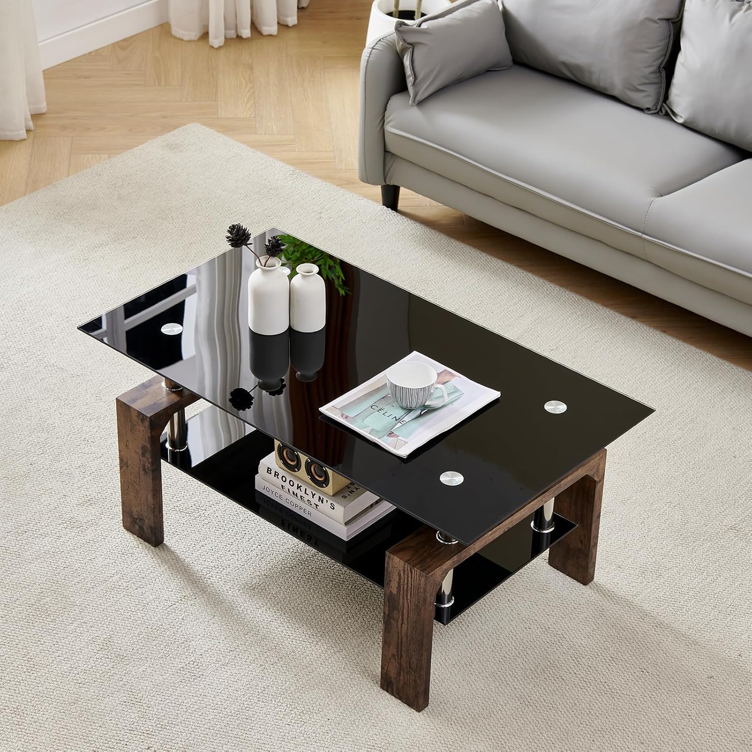 Living Room Rectangle Coffee Table, Tea Table Suitable for Waiting Room, Modern Side Coffee Table with Wooden Leg, Glass Tabletop wourant