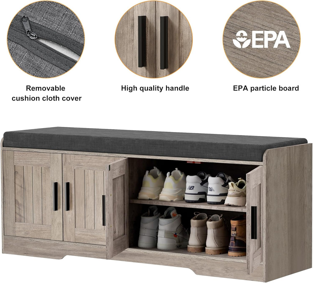 2-Tier Storage Bench, Shoe Bench with Thickened Padded Seat Cushion, Entryway Bench with 4 Doors, Adjustable Shelf, 13.8" D x 45.3" W x 18.5" H, for Entryway, Living Room, Bedroom, White wourant
