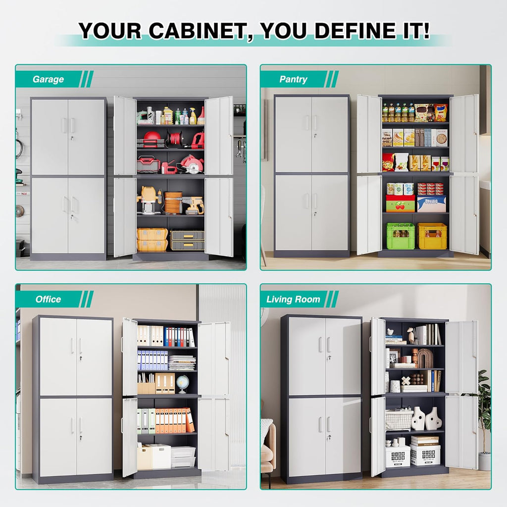 Metal Storage Cabinet with 2 Doors and 6 Shelves, Black Metal Cabinet with Lock, 71 Inch Lockable Garage Storage Cabinet wourant